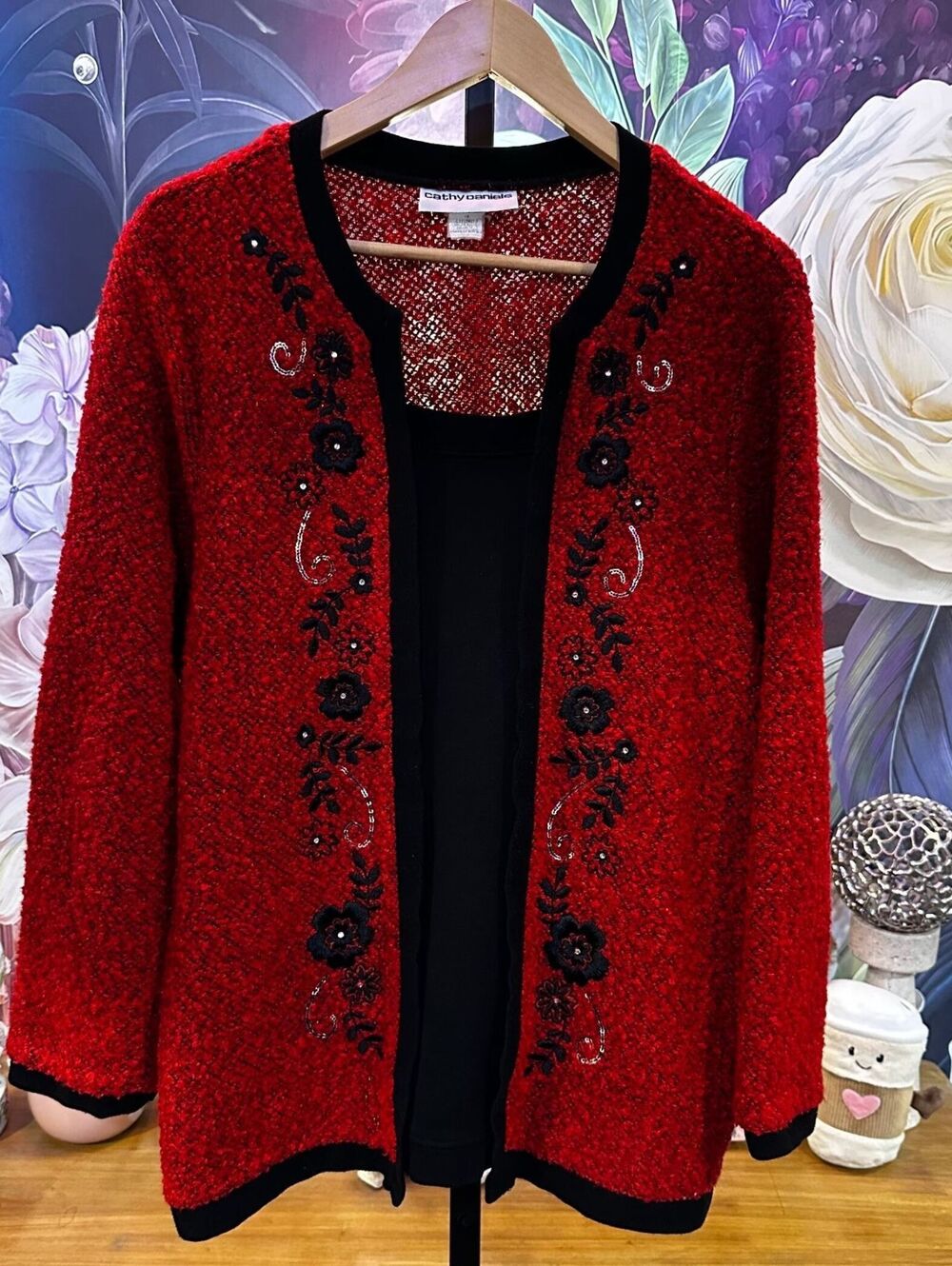 Cathy Daniels 1X Faux Layered Sweater Top Red Black Floral Sequin Y2K Whimsigoth